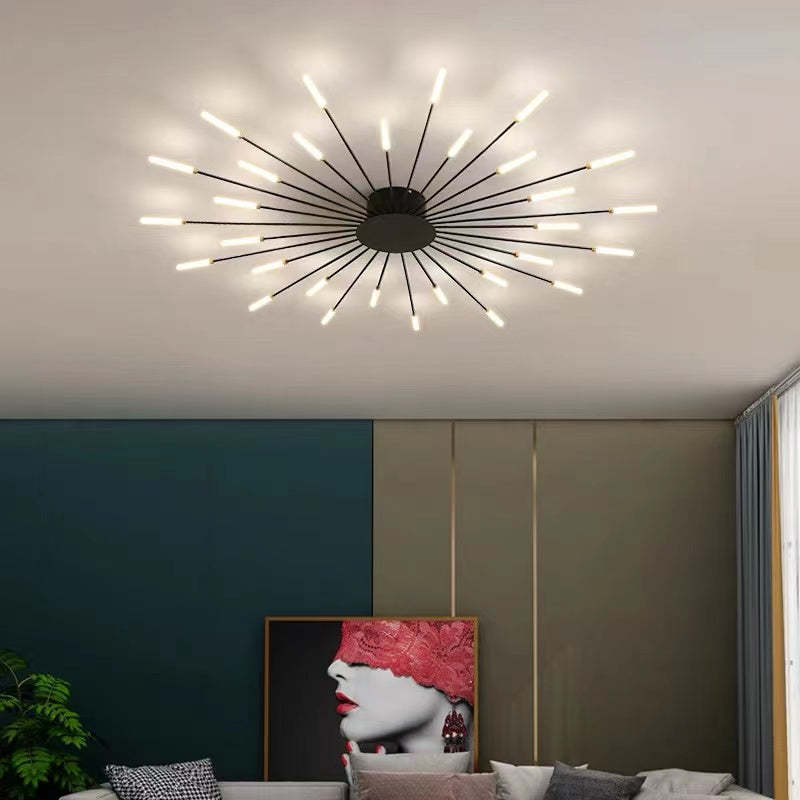 "LED fireworks design modern chandelier; metal ceiling lamp with multiple bulb configurations; black and gold options."