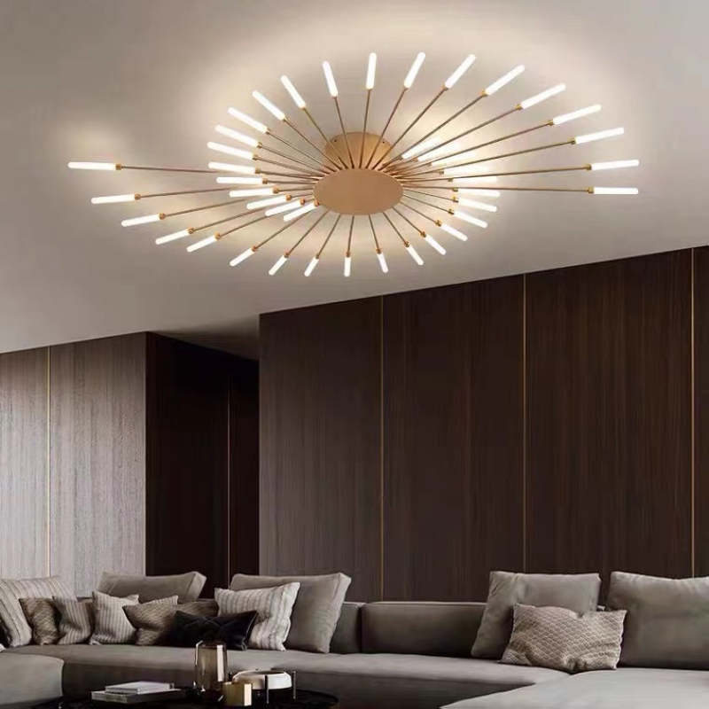 "LED fireworks design modern chandelier; metal ceiling lamp with multiple bulb configurations; black and gold options."