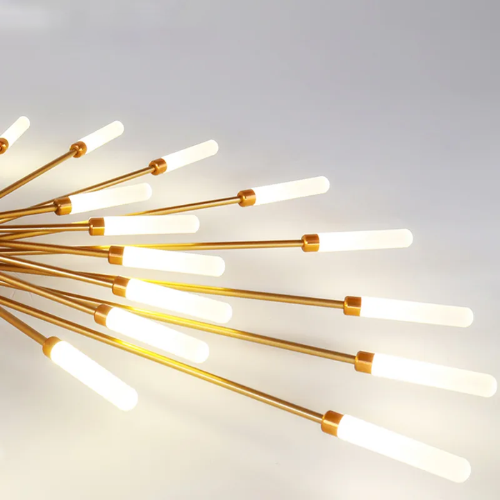 "LED fireworks design modern chandelier; metal ceiling lamp with multiple bulb configurations; black and gold options."