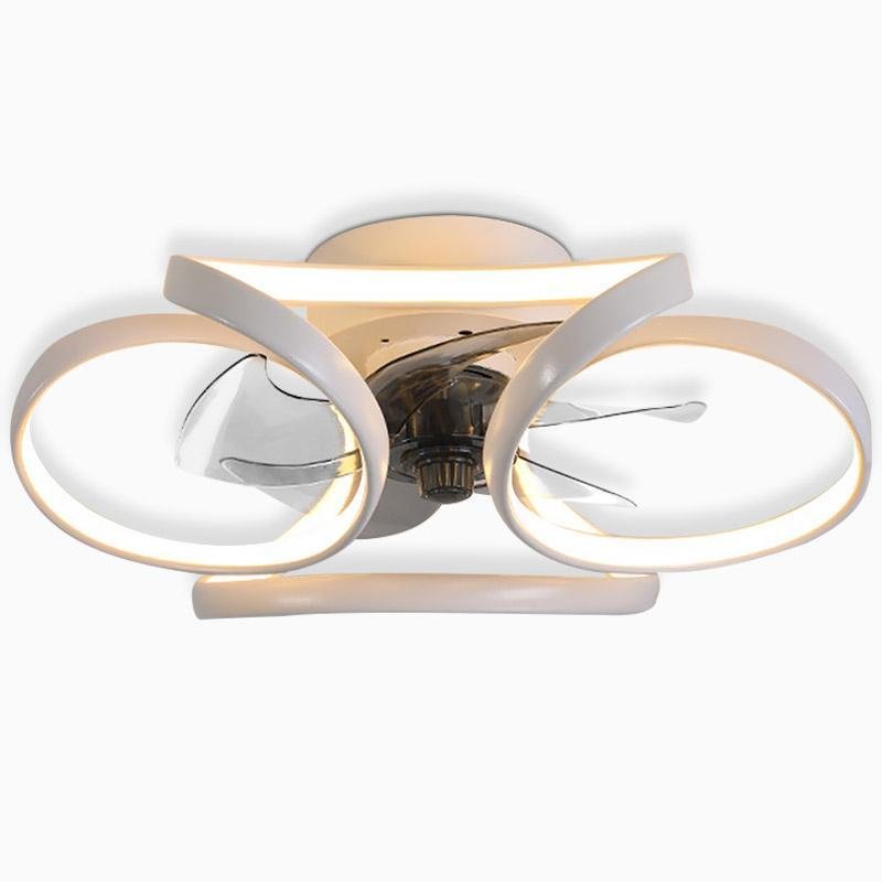 "LED flush mount ceiling fan light with curved blades, modern design enhances living rooms or bedrooms, stylish center fixtur