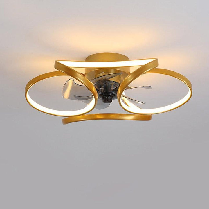 "LED flush mount ceiling fan light with curved blades, modern design enhances living rooms or bedrooms, stylish center fixtur