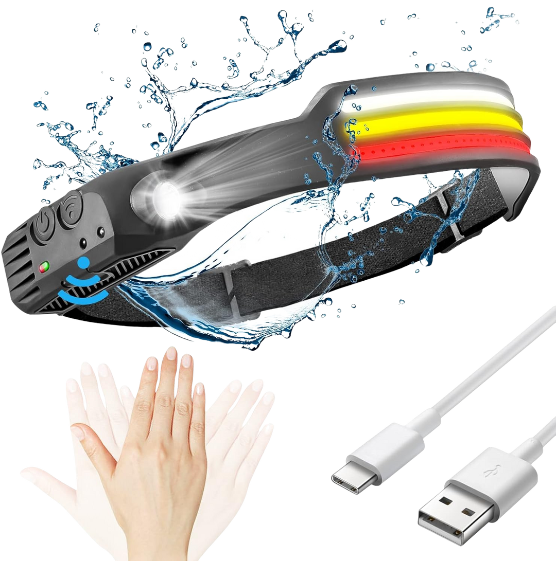 "LED headlamp with 230º beam, triple light modes, adjustable strap, ideal for camping and night running, emits up to 1500 lum