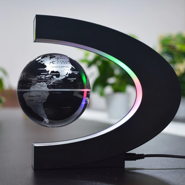 "LED magnetic floating globe hovering in a sleek C-shaped ring, illuminated by multicolored LED lights for home décor."