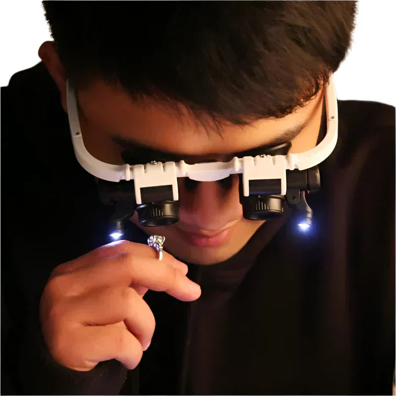 "LED magnifying glasses with adjustable 8x, 15x, 23x lenses and illuminated feature for precision work and detail viewing."