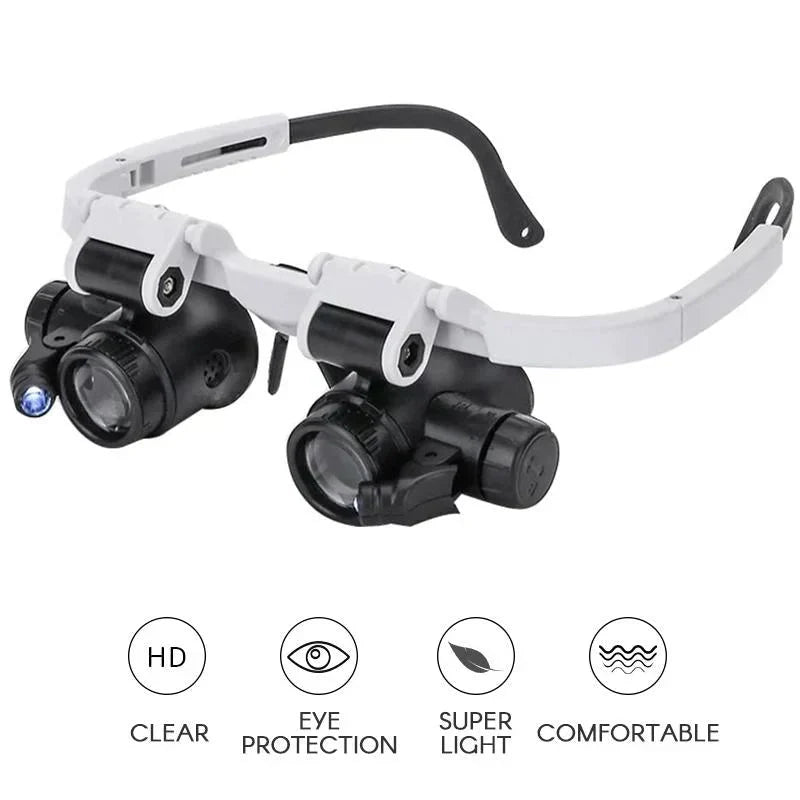 "LED magnifying glasses with adjustable 8x, 15x, 23x lenses and illuminated feature for precision work and detail viewing."