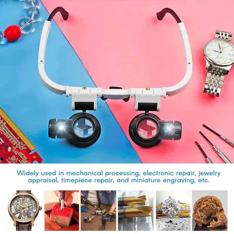 "LED magnifying glasses with adjustable 8x, 15x, 23x lenses and illuminated feature for precision work and detail viewing."