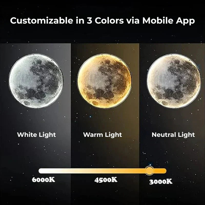 "LED Moon Wall Lamp with serene glow, circular design, perfect for home decor in bedrooms and hallways, energy-efficient."