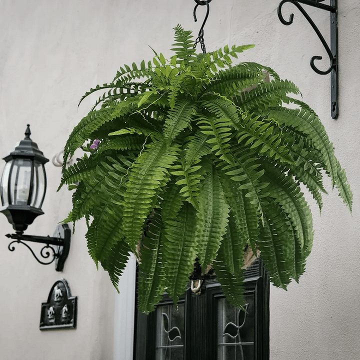 Lifelike, vibrant artificial Boston fern, UV-resistant, 18 lush branches, perfect for outdoor decor, low maintenance garden p