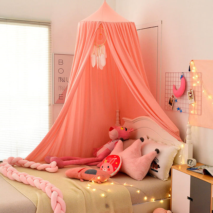 "Light green children's blackout bed canopy; elegant polyester fabric; blocks light; ideal for cribs, creating a cozy vibe."