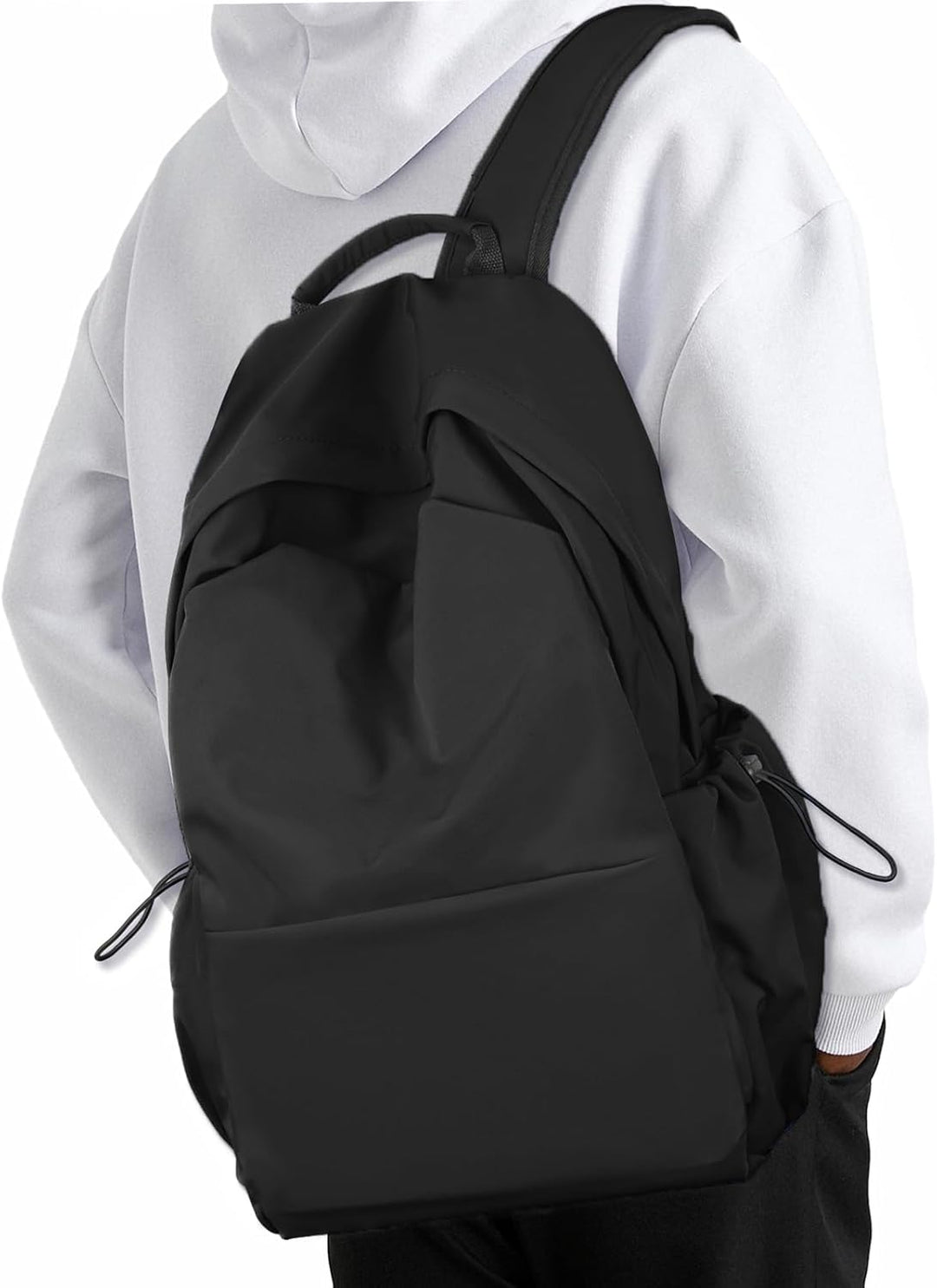 Front shot of a water-resistant multi-compartment laptop backpack, lightweight & organized for travel.