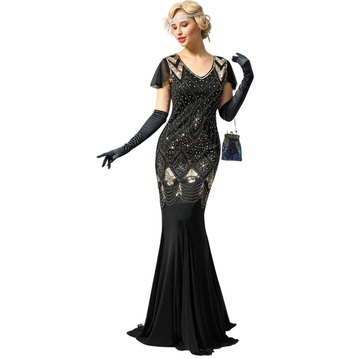 Long 1920s flapper dress for women with dazzling sequins & fringe, perfect for Gatsby parties.