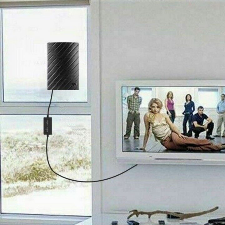 Long-range indoor HDTV 4K digital antenna with sleek black design, showcasing flexible installation and enhanced signal recep