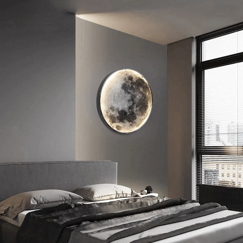 "Lunar LED Moon Lamp casting warm glow, simulating a full moon. Enhances home decor. Adjustable brightness and eco-friendly."