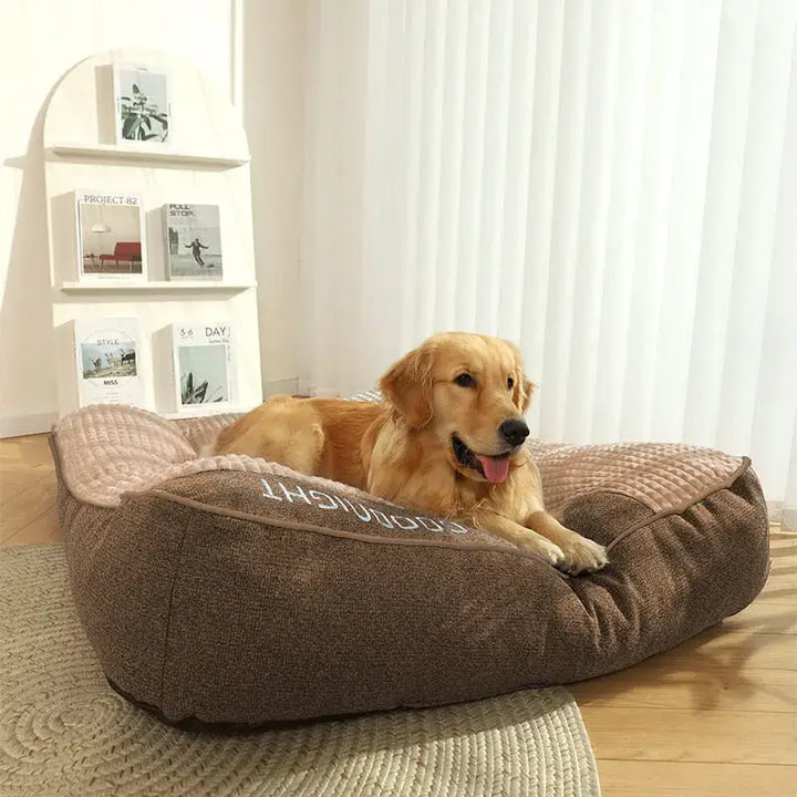 "Luxurious calming washable dog cushion in soft faux fur, available in sizes for all dogs, promotes stress-free relaxation."