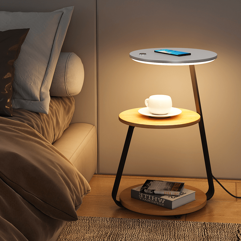 Luxurious double-layered side table with storage; elegant design with durable steel, available in wood or stone finishes.