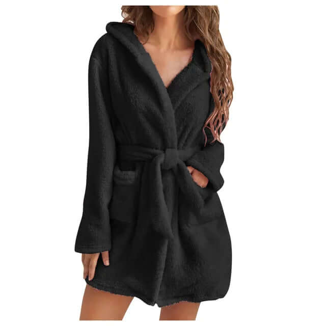 Warm plush women's hooded robe. Cozy fleece loungewear for ultimate comfort & relaxation.
