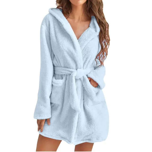 Ultra-soft women's hooded bathrobe. Luxurious plush fleece loungewear for warmth & comfort at home or spa.