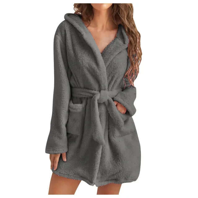 Plush hooded bathrobe for women. Super soft, warm, and cozy fleece loungewear for ultimate comfort.