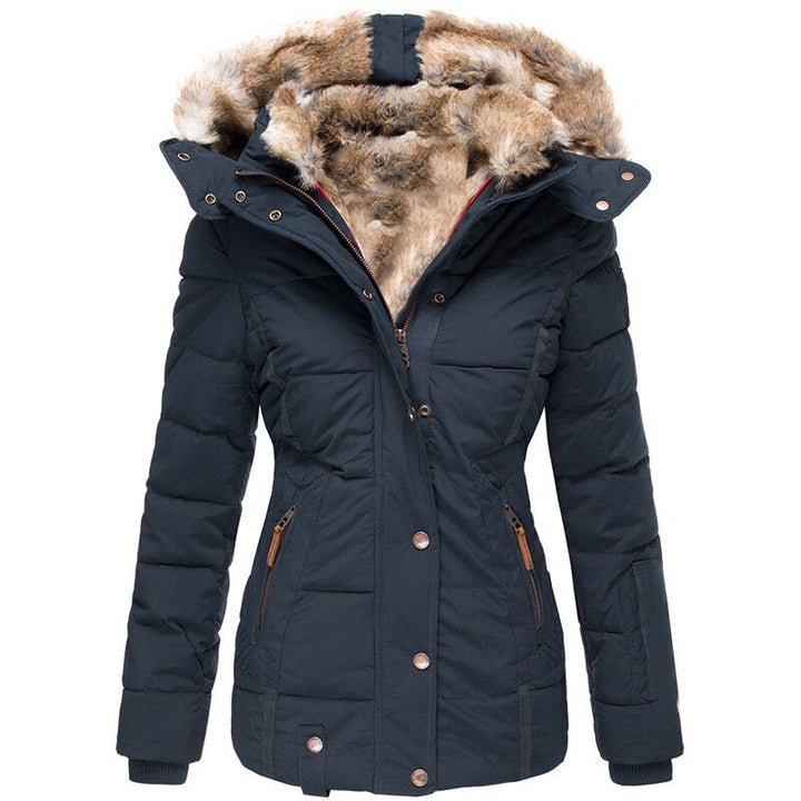 Cozy & stylish women's long winter coat with fur lining. Warm, waterproof insulated jacket for cold weather fashion.