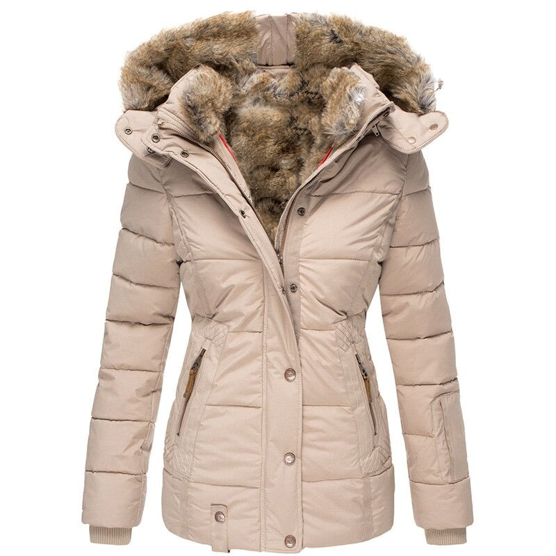 Women's insulated winter coat, fur-lined, waterproof. Warm & cozy long outerwear for extreme cold weather.