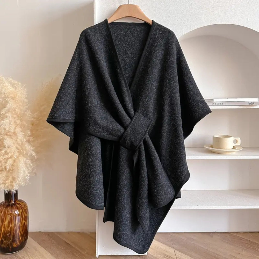 Elegant women's windproof poncho, a luxurious winter fashion scarf coat and cozy wrap.