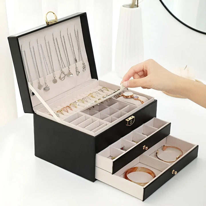 "Luxury PU leather multi-layer jewellery box for women, elegant organizer for rings, earrings, necklaces, and bracelets."
