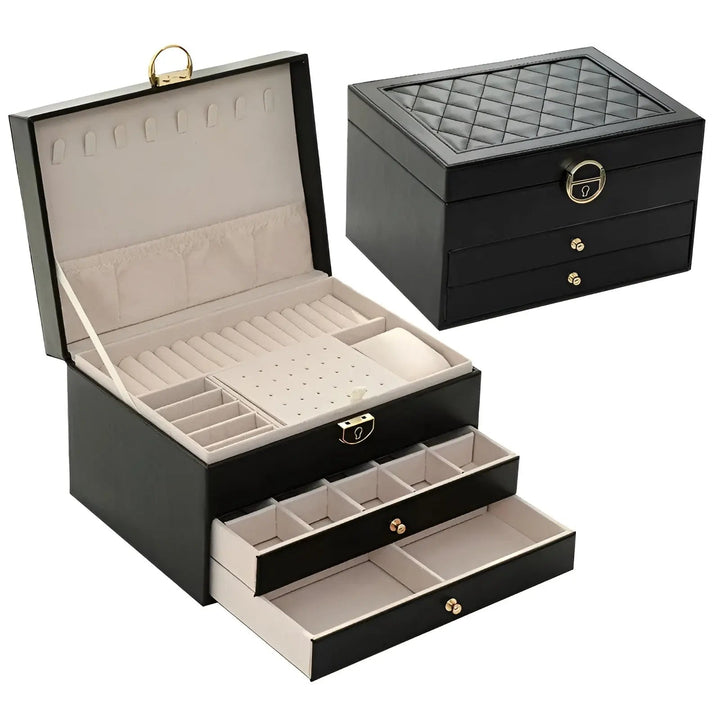 "Luxury PU leather multi-layer jewellery box for women, elegant organizer for rings, earrings, necklaces, and bracelets."
