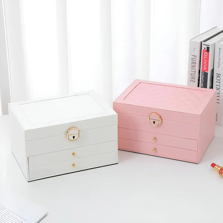 "Luxury PU leather multi-layer jewellery box for women, elegant organizer for rings, earrings, necklaces, and bracelets."