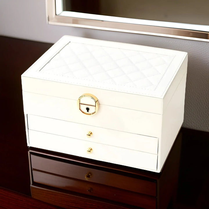 "Luxury PU leather multi-layer jewellery box for women, elegant organizer for rings, earrings, necklaces, and bracelets."