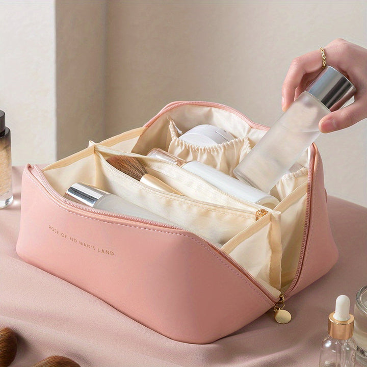 Women's luxury travel toiletry organizer, PU leather zipper pouch for cosmetics.