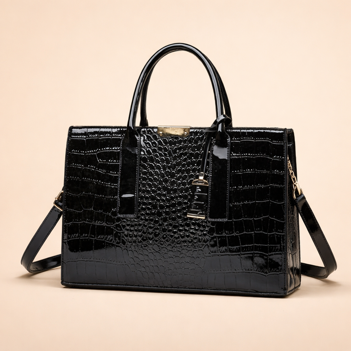 Elegant brown crocodile-embossed tote bag, a chic structured women's accessory perfect for daily use.