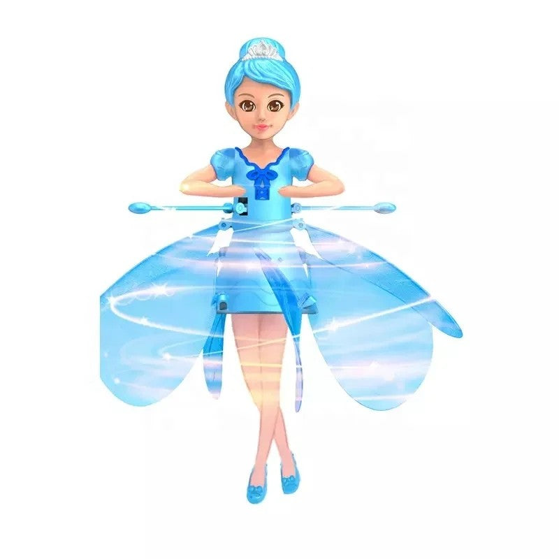 Kids' magical flying doll soaring with vibrant LED lights, controlled by hand gestures.