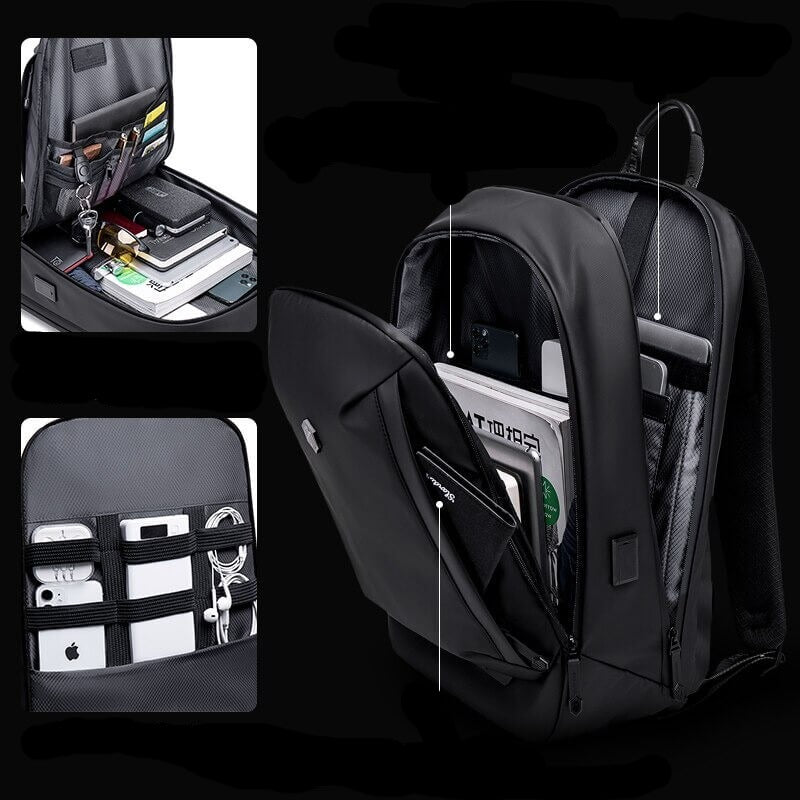 Sleek black men's water-resistant backpack, front view. Ideal anti-theft travel bag for daily commute & hiking.