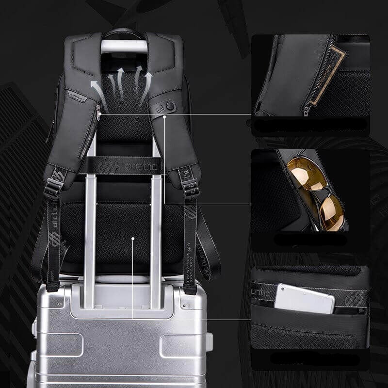 Close-up of durable, water-resistant material on men's multi-function anti-theft backpack, perfect for travel.