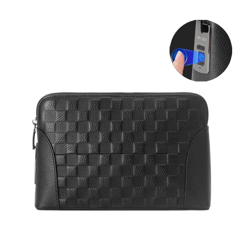Stylish men's genuine leather handbag. Features advanced fingerprint security lock for anti-theft protection.