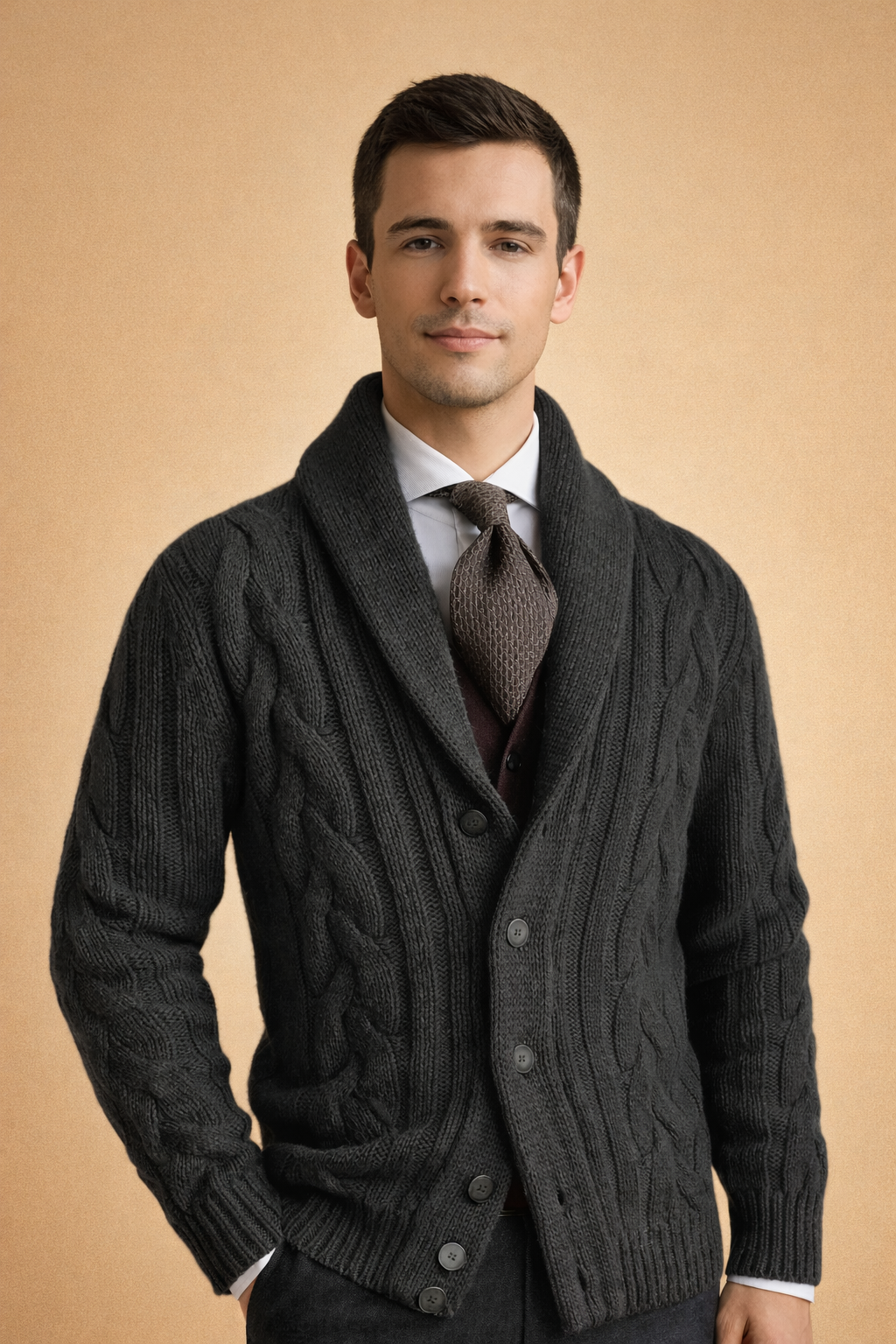 Cozy men's versatile button cardigan for a casual fall & winter look. Comfortable knitwear layering piece.