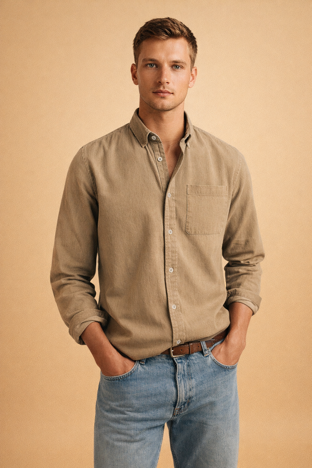 Stylish men's smart casual collared shirt with long sleeves & chest pocket. Perfect for everyday fashion.