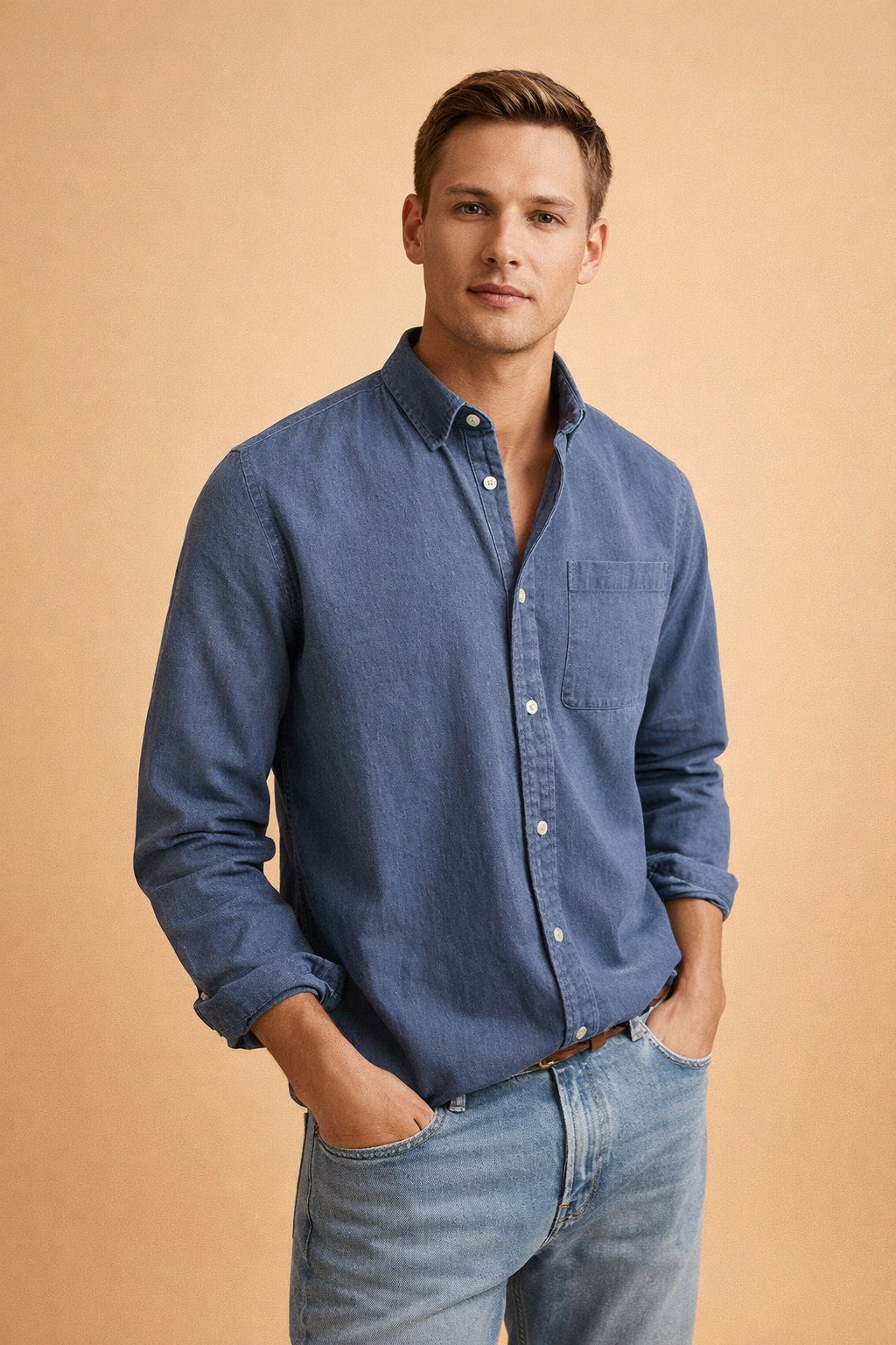 Men's fashionable long sleeve button-down shirt with chest pocket. Everyday top for a relaxed yet smart look.