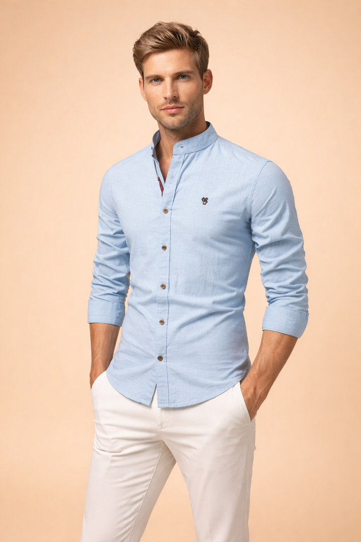 Fashionable men's slim-fit casual shirt, long sleeve, button-down, a stylish top for men.