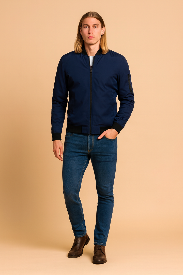 Men's casual zip-up bomber jacket with multiple pockets, perfect for urban style & all-season wear.