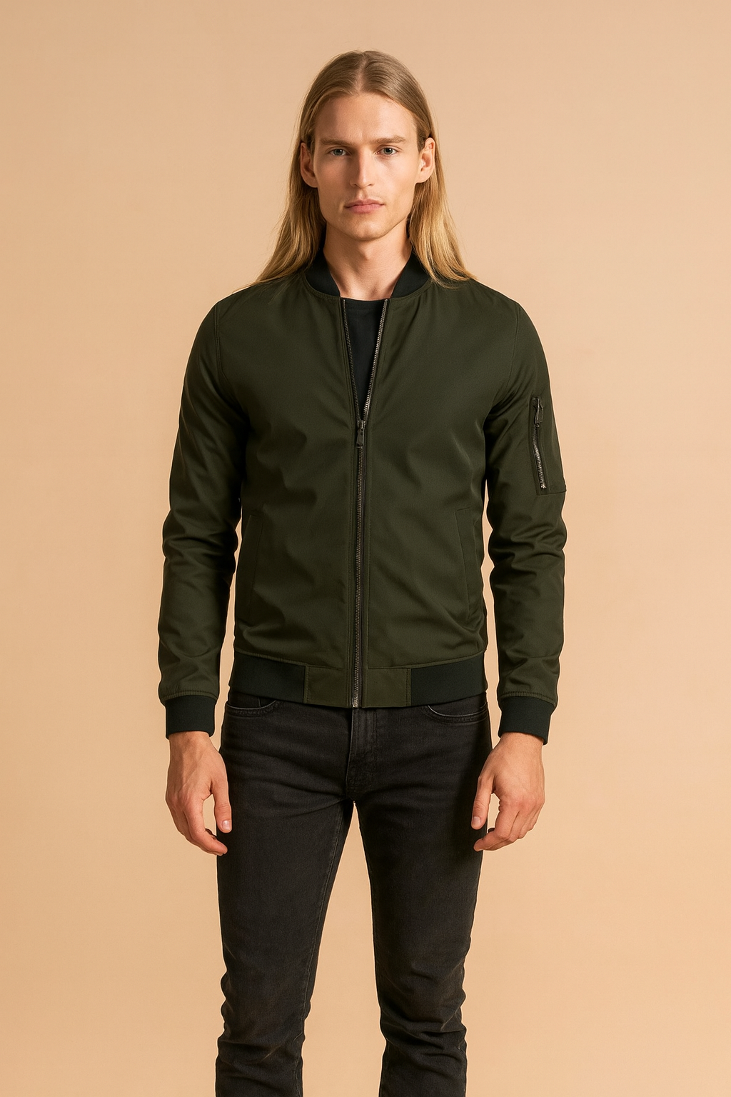 Durable men's casual zip-up bomber jacket featuring pockets, essential outerwear for a modern, fitted urban look.