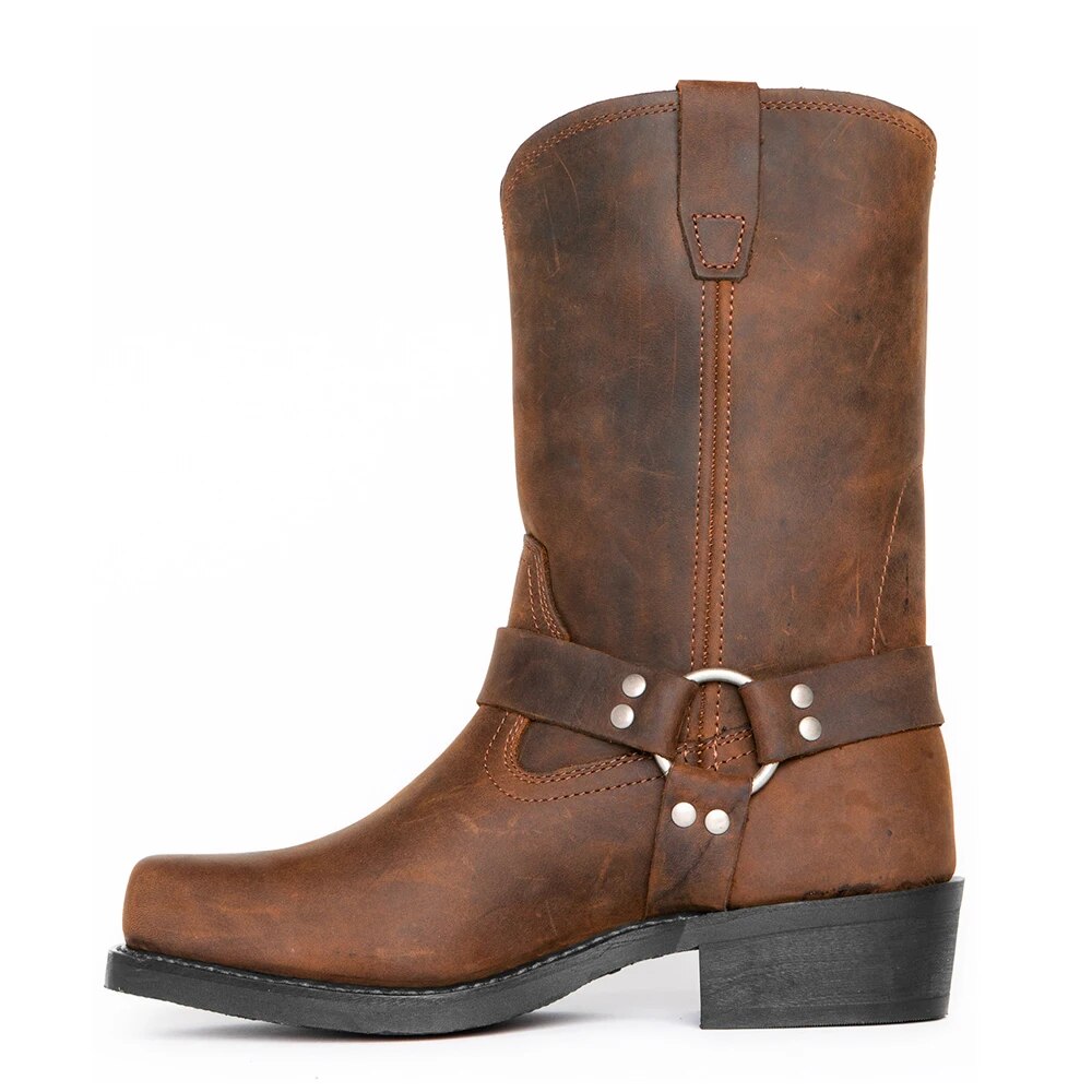 Men's classic brown leather harness cowboy boots. Stylish mid-calf western pull-on boots for rugged everyday wear.