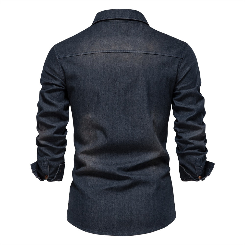 Blue denim men's button-up shirt, a classic long-sleeve design for comfortable, stylish everyday fashion.