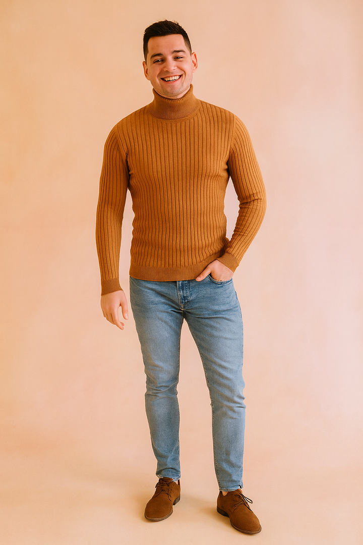 Slim fit men's golf turtleneck sweater, long sleeve knitwear for comfortable and elegant winter wear.