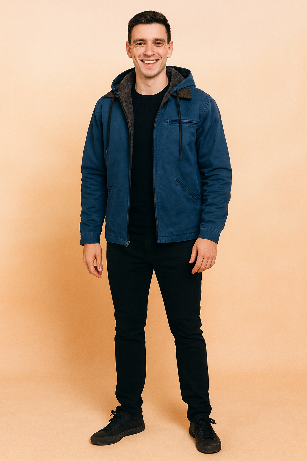 Functional men's hooded winter jacket, a classic piece of warm outerwear for cold weather fashion.