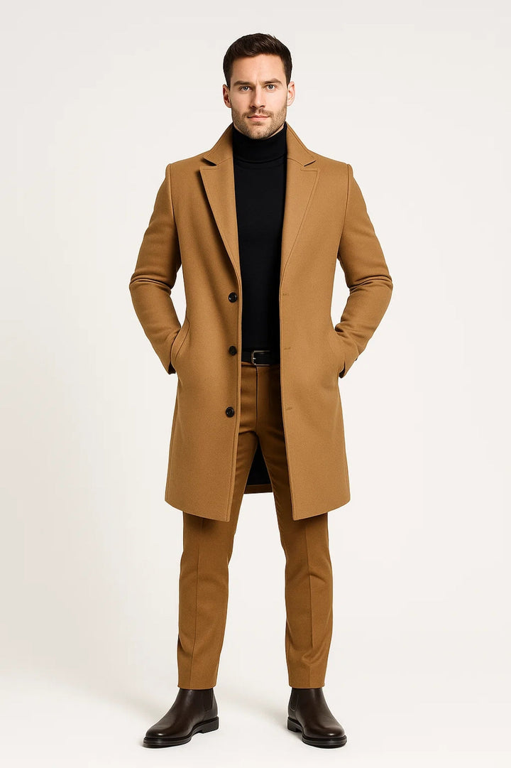 Men's classic lapel long winter coat in a stylish design, perfect for warm, elegant outerwear in cold weather.