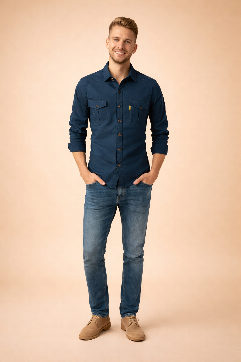 Sharp men's button-down shirt in a solid color, perfect for a smart casual or business casual outfit.