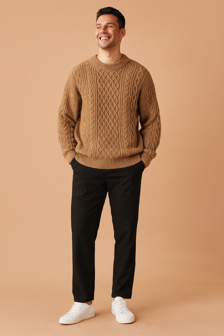Comfortable men's long sleeve cable knit sweater, a classic winter wear pullover with textured design.
