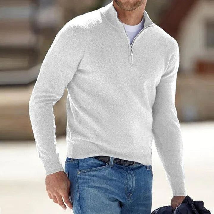 Comfortable long sleeve men's knitwear sweater with a stylish zipper, perfect for all-season layering.