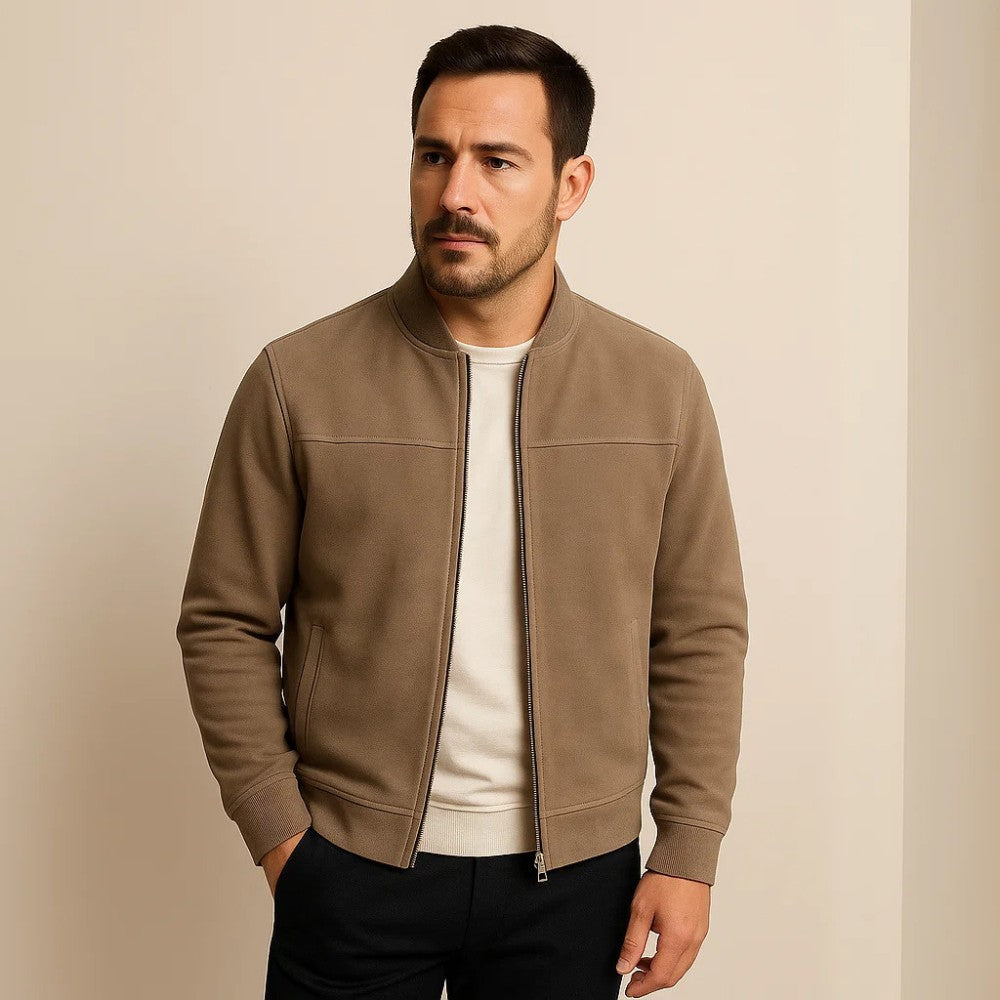 Men's classic suede zip-up jacket with ribbed cuffs, ideal for casual everyday wear.